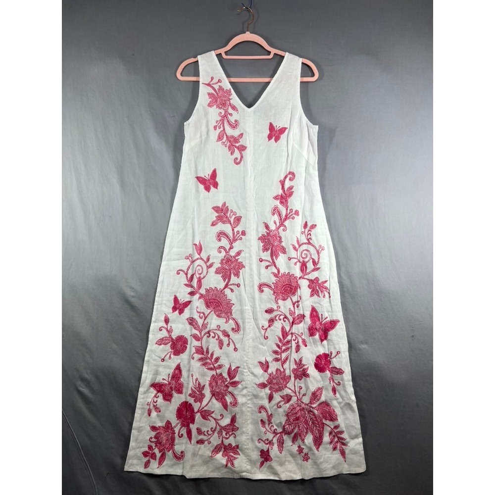 Johnny Was Boho White Linen Pink Floral Butterfly Vacation Maxi Dress S